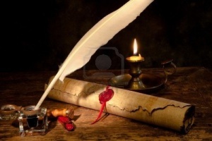 Pen, scroll, candle